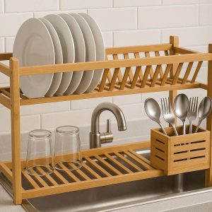 Over The Sink Bamboo Dish Drying Rack with Cutlery Holder