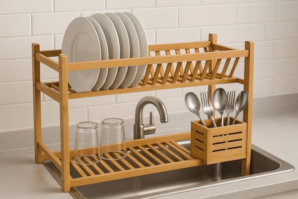 Over The Sink Bamboo Dish Drying Rack with Cutlery Holder