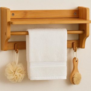 Wall Mounted Bamboo Bathroom Shelf with Towel Bar and Hooks