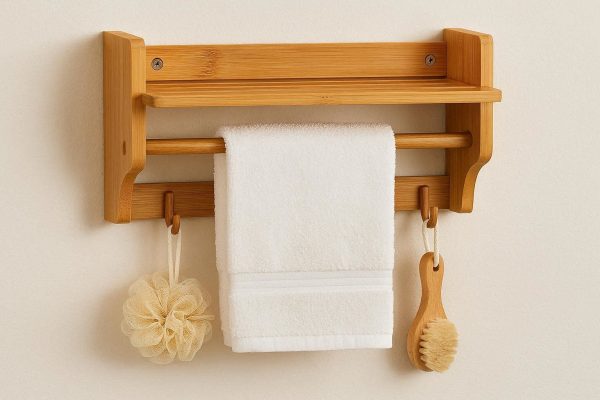 Wall Mounted Bamboo Bathroom Shelf with Towel Bar and Hooks
