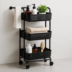 Rolling Bathroom Storage Cart with 3 Baskets and Towel Bar