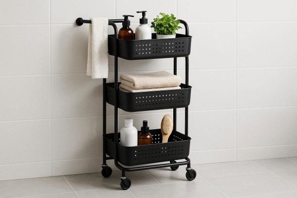 Rolling Bathroom Storage Cart with 3 Baskets and Towel Bar