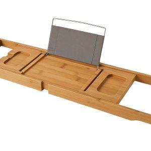 Freestanding Bathtub Caddy Tray with Extendable Arms and Book Holder