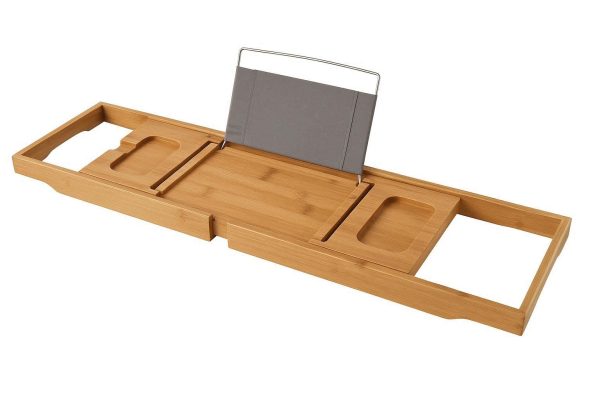 Freestanding Bathtub Caddy Tray with Extendable Arms and Book Holder